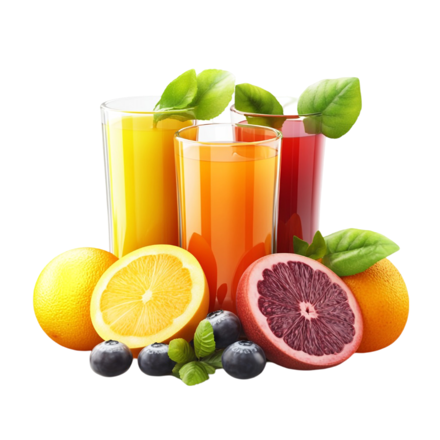 Freshly poured juice glasses with citrus and berries